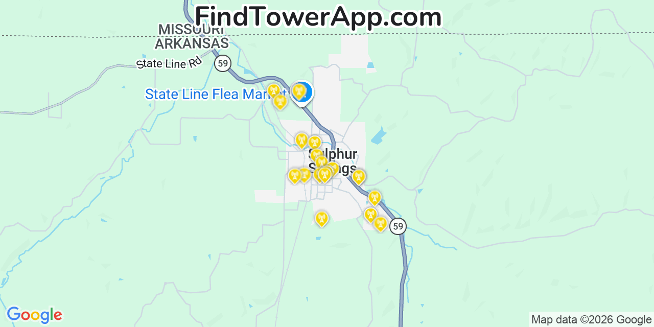 Map showing the 20 primary cell tower locations detected in Sulphur Springs, Arkansas from AT&T, Verizon, and T-Mobile networks