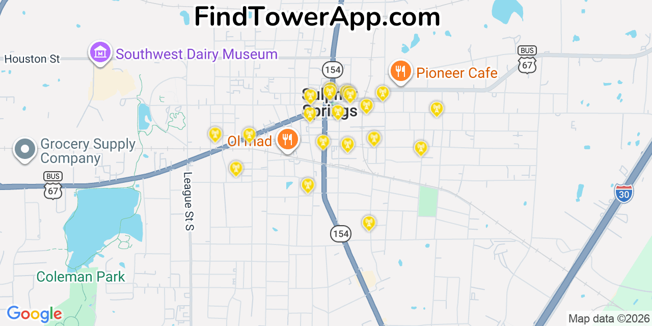 Map showing the 20 primary cell tower locations detected in Sulphur Springs, Texas from AT&T, Verizon, and T-Mobile networks