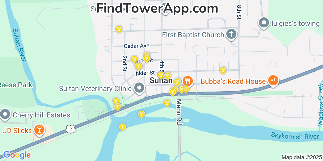 Map showing the 20 primary cell tower locations detected in Sultan, Washington from AT&T, Verizon, and T-Mobile networks