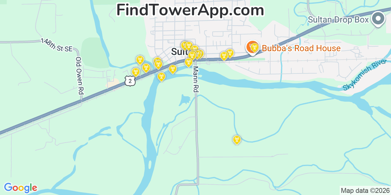 Map showing the 20 primary cell tower locations detected in Sultan, Washington from AT&T, Verizon, and T-Mobile networks