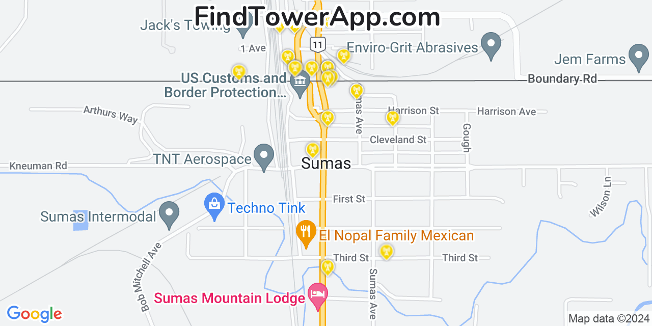 AT&T 4G/5G cell tower coverage map Sumas, Washington