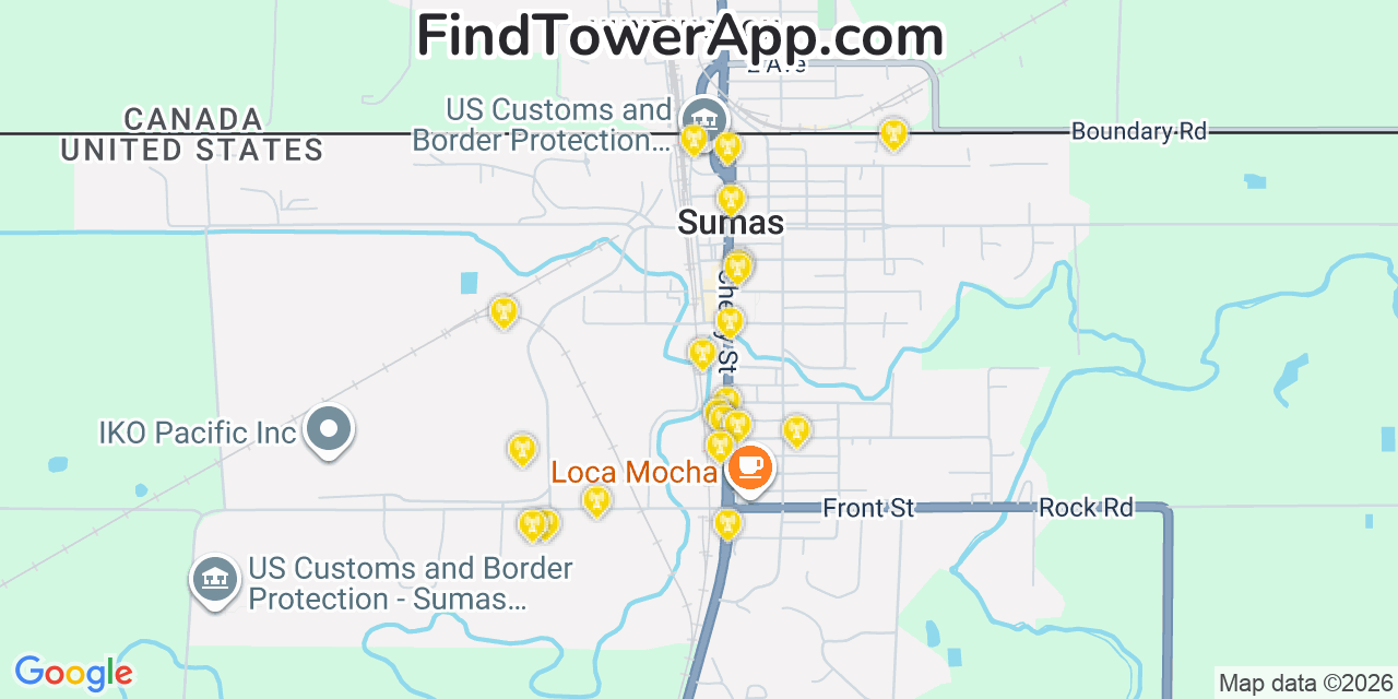 Map showing the 20 primary cell tower locations detected in Sumas, Washington from AT&T, Verizon, and T-Mobile networks