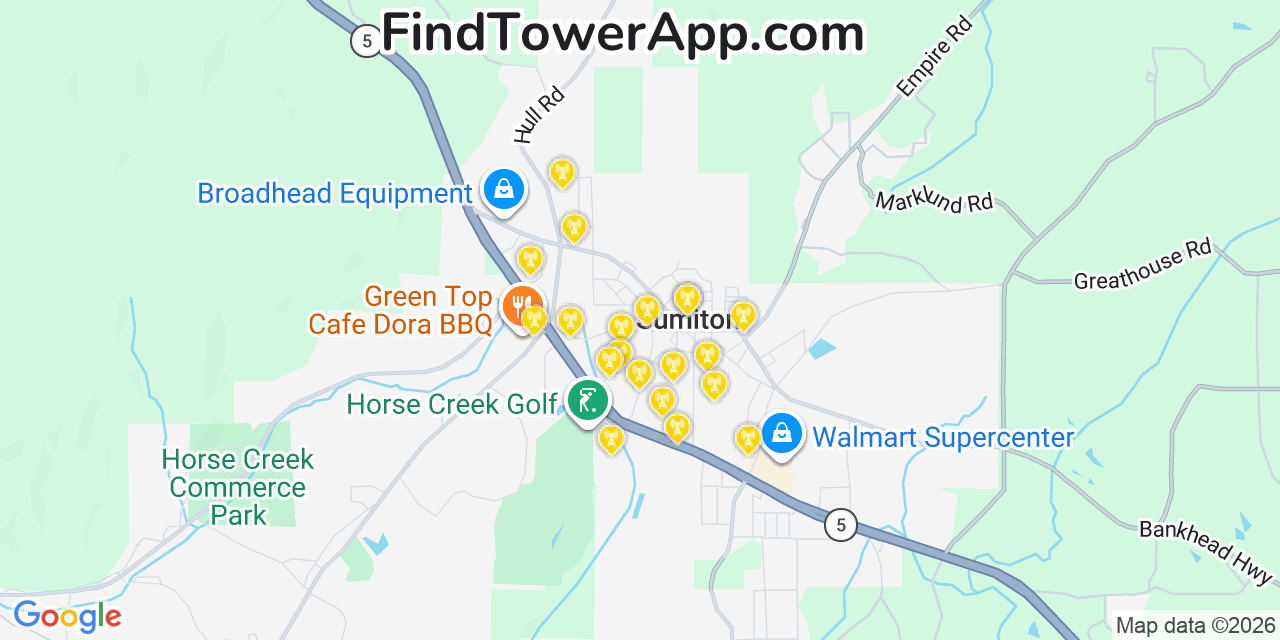 Map showing the 20 primary cell tower locations detected in Sumiton, Alabama from AT&T, Verizon, and T-Mobile networks