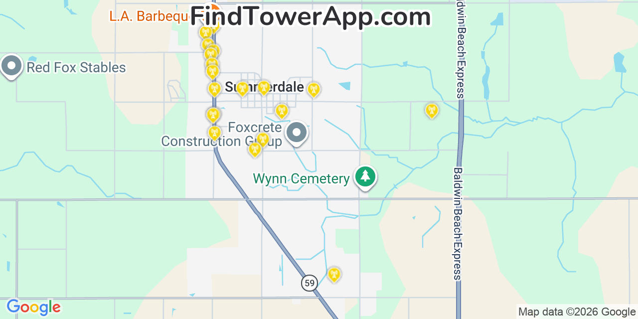 Map showing the 20 primary cell tower locations detected in Summerdale, Alabama from AT&T, Verizon, and T-Mobile networks