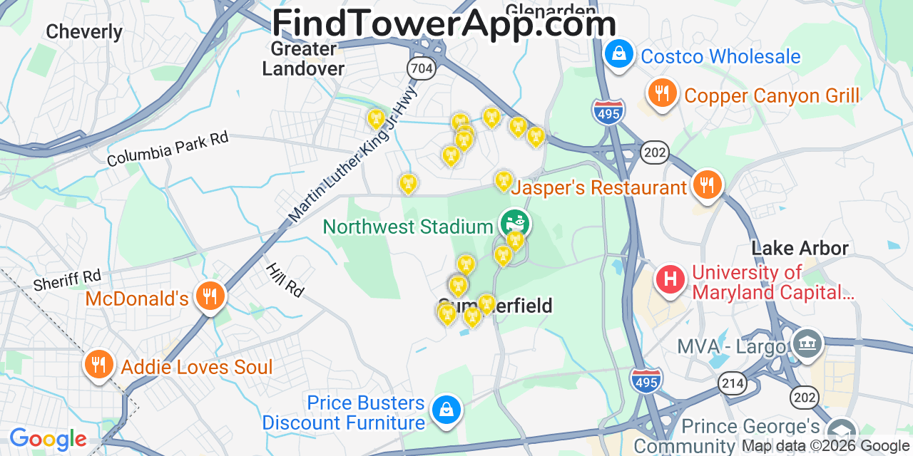 Map showing the 20 primary cell tower locations detected in Summerfield, Maryland from AT&T, Verizon, and T-Mobile networks