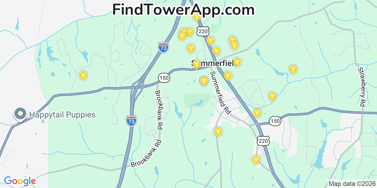 Map showing the 20 primary cell tower locations detected in Summerfield, North Carolina from AT&T, Verizon, and T-Mobile networks