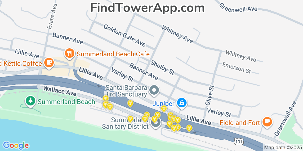 Map showing the 20 primary cell tower locations detected in Summerland, California from AT&T, Verizon, and T-Mobile networks