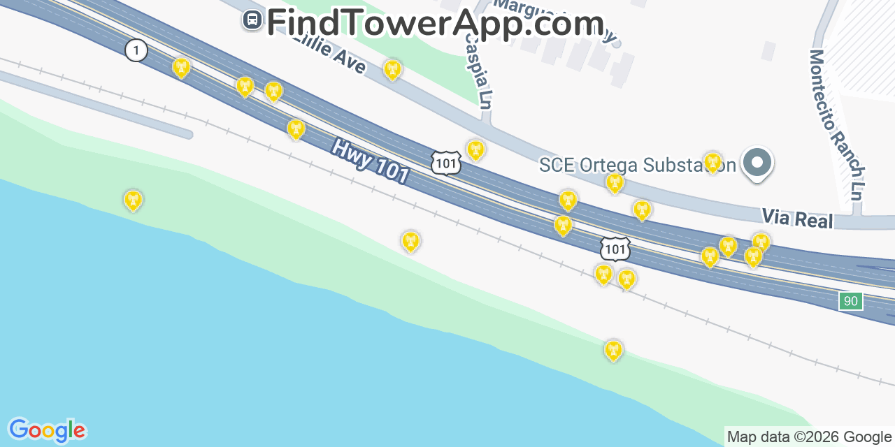 Map showing the 20 primary cell tower locations detected in Summerland, California from AT&T, Verizon, and T-Mobile networks