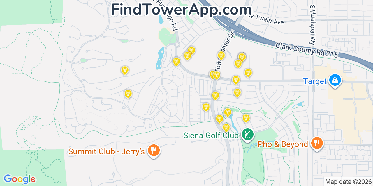 Map showing the 20 primary cell tower locations detected in Summerlin South, Nevada from AT&T, Verizon, and T-Mobile networks