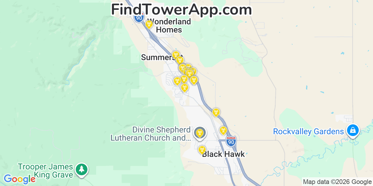 Map showing the 20 primary cell tower locations detected in Summerset, South Dakota from AT&T, Verizon, and T-Mobile networks