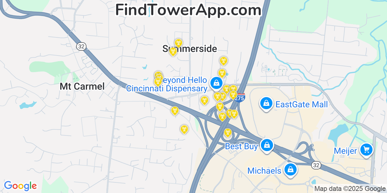 Map showing the 20 primary cell tower locations detected in Summerside, Ohio from AT&T, Verizon, and T-Mobile networks