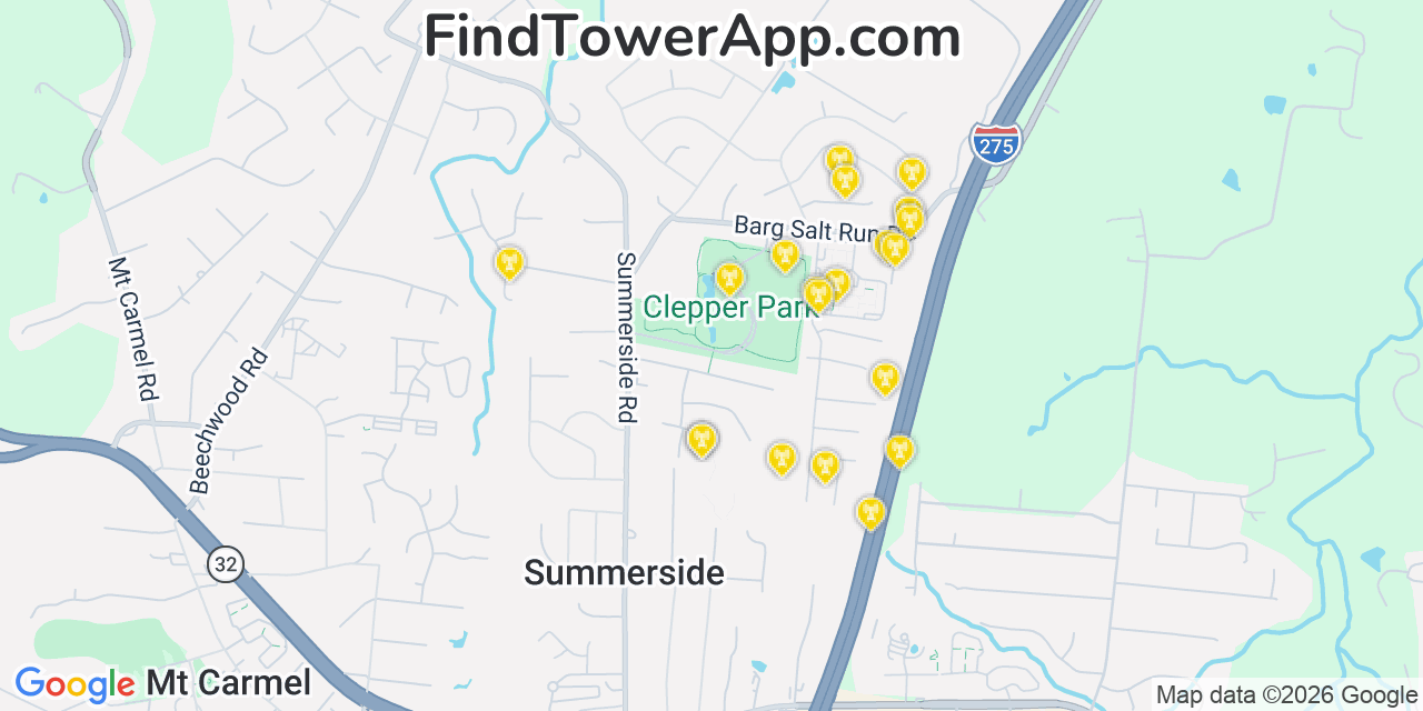 Map showing the 20 primary cell tower locations detected in Summerside, Ohio from AT&T, Verizon, and T-Mobile networks