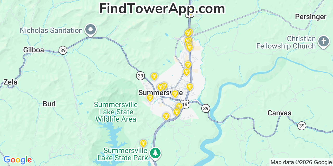 Map showing the 20 primary cell tower locations detected in Summersville, West Virginia from AT&T, Verizon, and T-Mobile networks