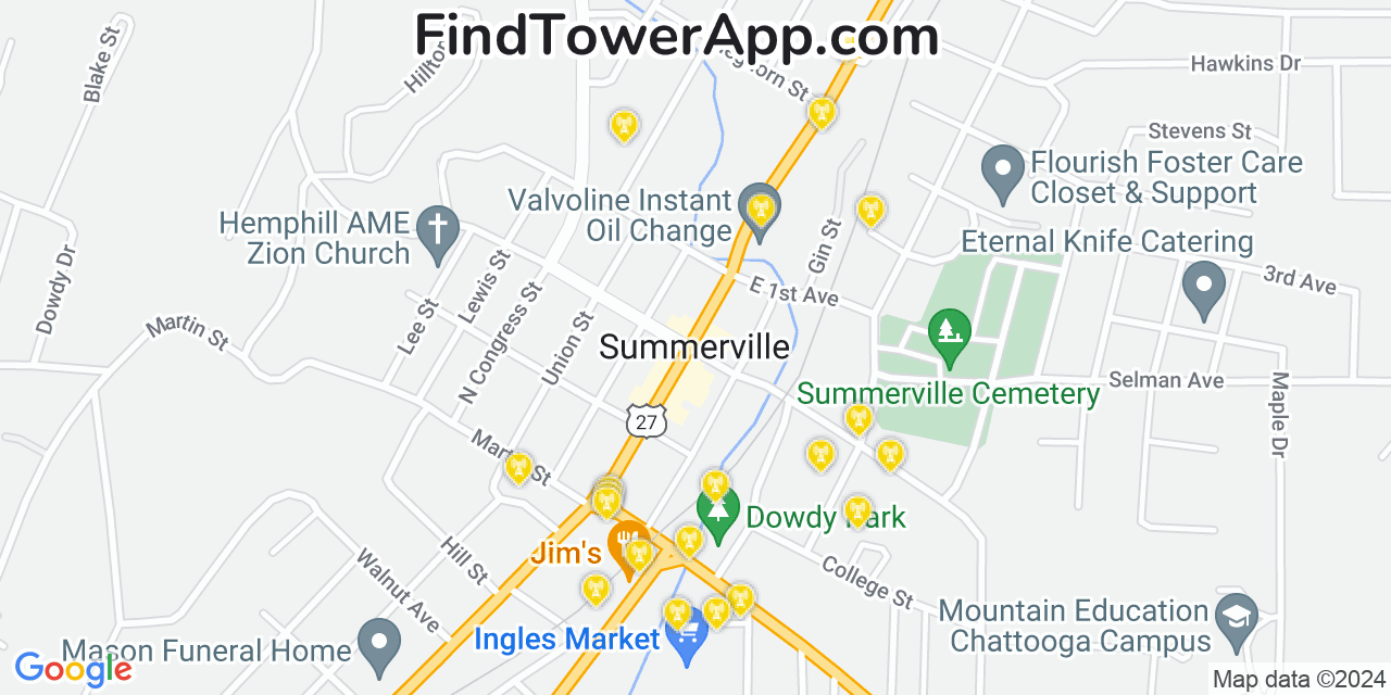 AT&T 4G/5G cell tower coverage map Summerville, Georgia