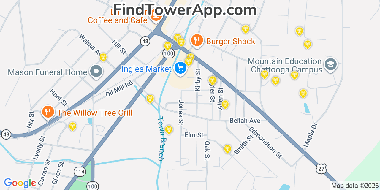 Map showing the 20 primary cell tower locations detected in Summerville, Georgia from AT&T, Verizon, and T-Mobile networks