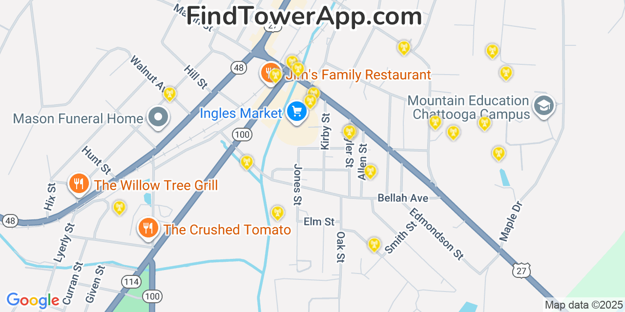 Map showing the 20 primary Mobitel cell tower locations detected in Summerville, Georgia with coverage radius and signal strength indicators