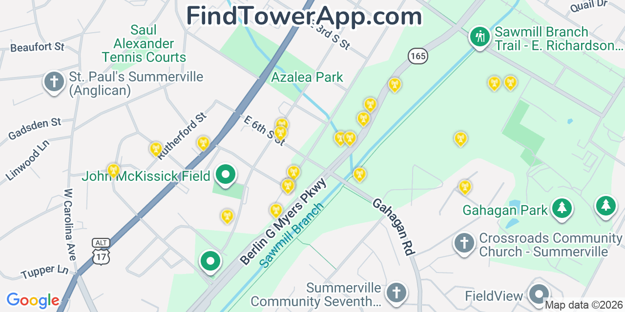 Map showing the 20 primary cell tower locations detected in Summerville, South Carolina from AT&T, Verizon, and T-Mobile networks