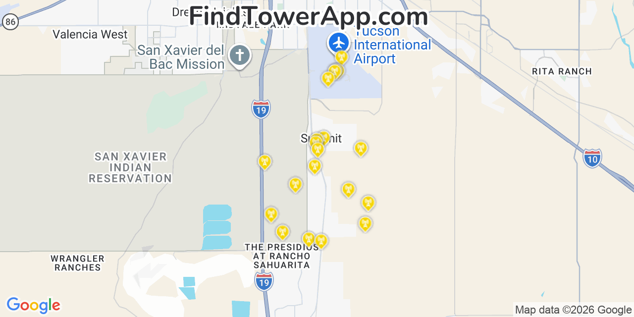 Map showing the 20 primary cell tower locations detected in Summit, Arizona from AT&T, Verizon, and T-Mobile networks