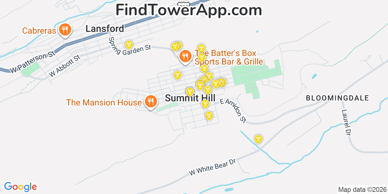 Map showing the 20 primary cell tower locations detected in Summit Hill, Pennsylvania from AT&T, Verizon, and T-Mobile networks