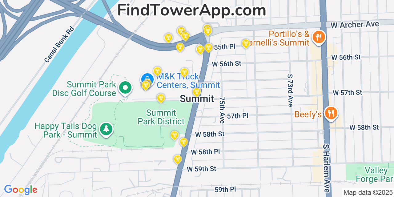 Map showing the 20 primary cell tower locations detected in Summit, Illinois from AT&T, Verizon, and T-Mobile networks