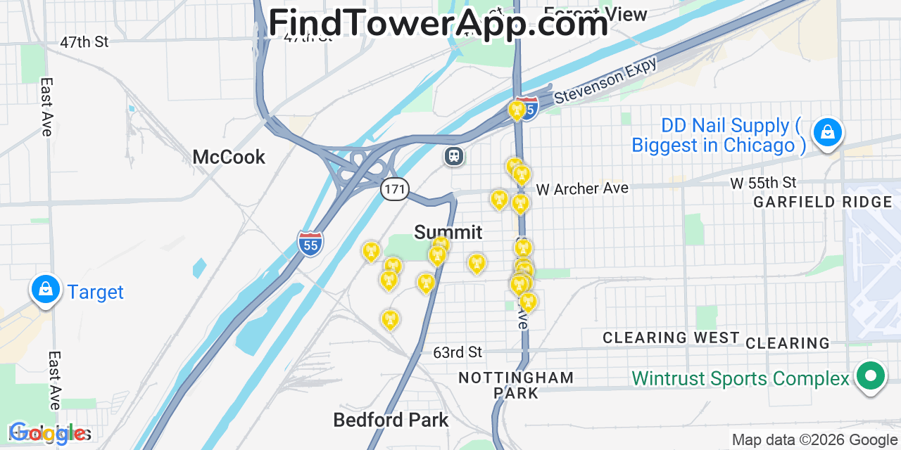 Map showing the 20 primary cell tower locations detected in Summit, Illinois from AT&T, Verizon, and T-Mobile networks