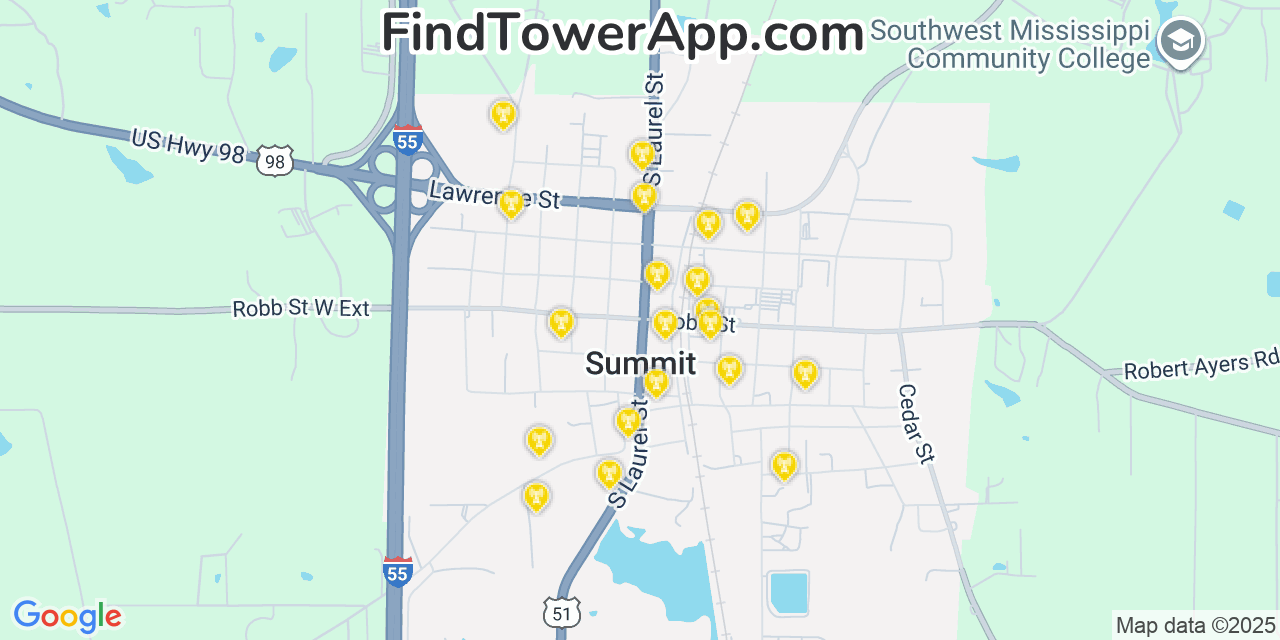 Map showing the 20 primary cell tower locations detected in Summit, Mississippi from AT&T, Verizon, and T-Mobile networks