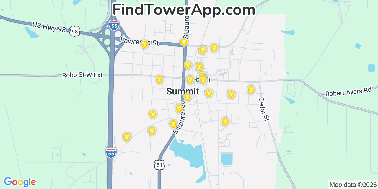 Map showing the 20 primary cell tower locations detected in Summit, Mississippi from AT&T, Verizon, and T-Mobile networks
