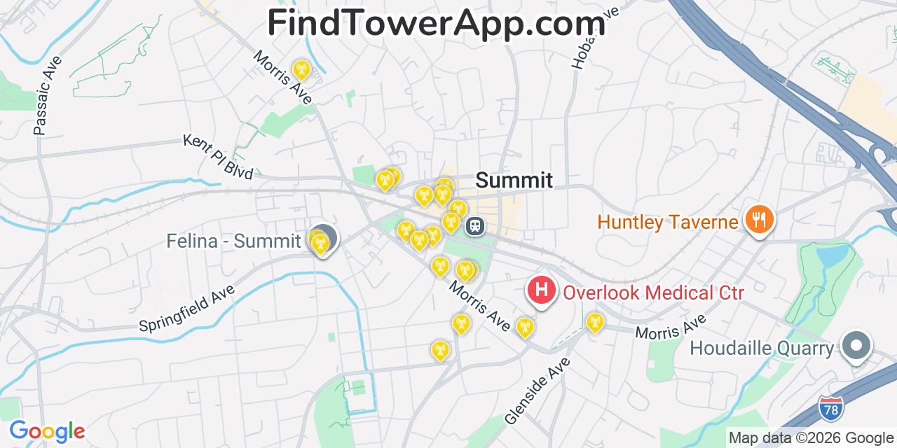 Map showing the 20 primary cell tower locations detected in Summit, New Jersey from AT&T, Verizon, and T-Mobile networks