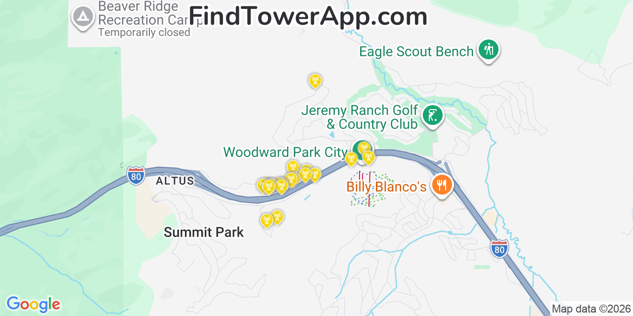 Map showing the 20 primary cell tower locations detected in Summit Park, Utah from AT&T, Verizon, and T-Mobile networks