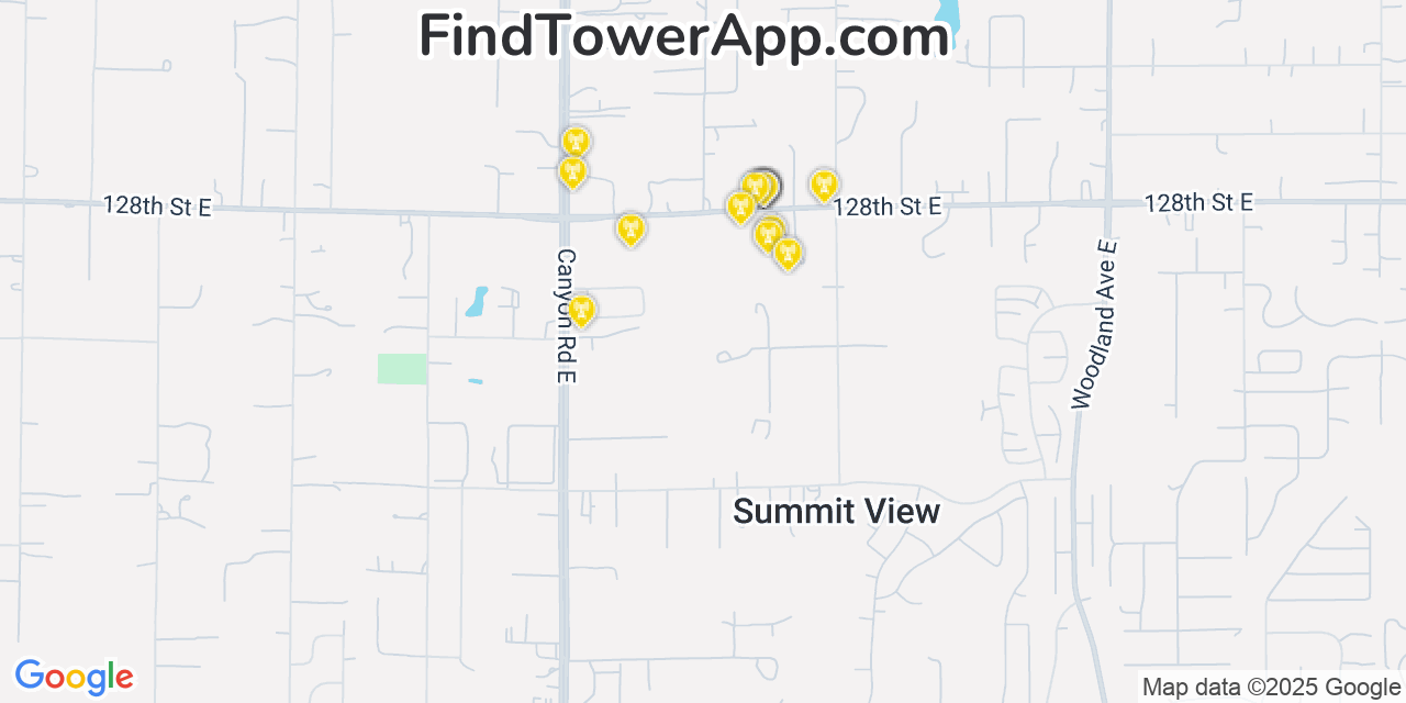 Map showing the 20 primary cell tower locations detected in Summit View, Washington from AT&T, Verizon, and T-Mobile networks