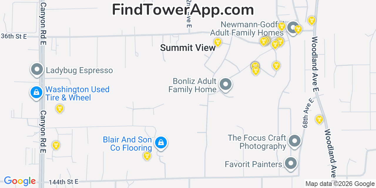 Map showing the 20 primary cell tower locations detected in Summit View, Washington from AT&T, Verizon, and T-Mobile networks