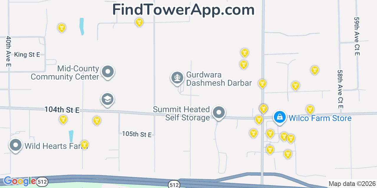 Map showing the 20 primary cell tower locations detected in Summit, Washington from AT&T, Verizon, and T-Mobile networks