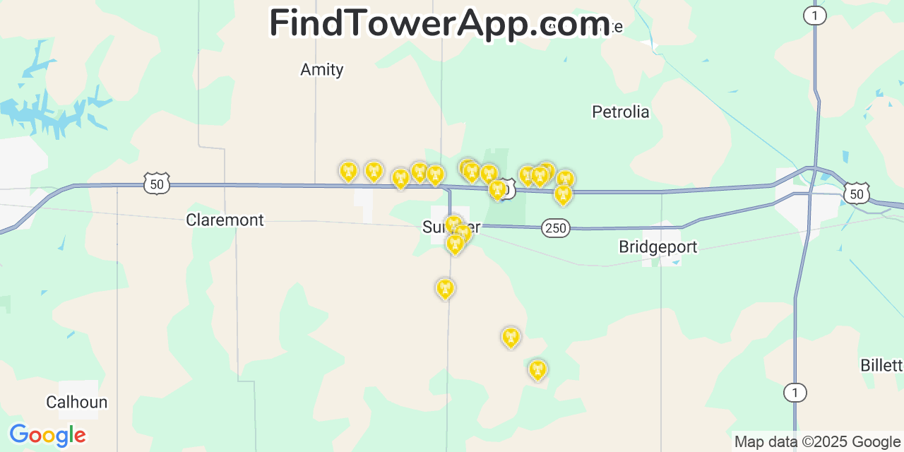 Map showing the 20 primary cell tower locations detected in Sumner, Illinois from AT&T, Verizon, and T-Mobile networks