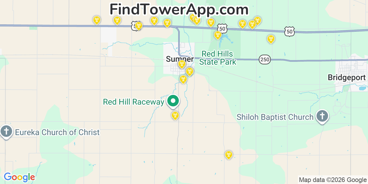 Map showing the 20 primary cell tower locations detected in Sumner, Illinois from AT&T, Verizon, and T-Mobile networks