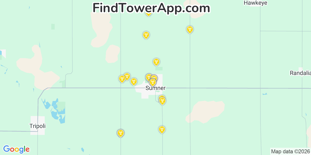Map showing the 20 primary cell tower locations detected in Sumner, Iowa from AT&T, Verizon, and T-Mobile networks