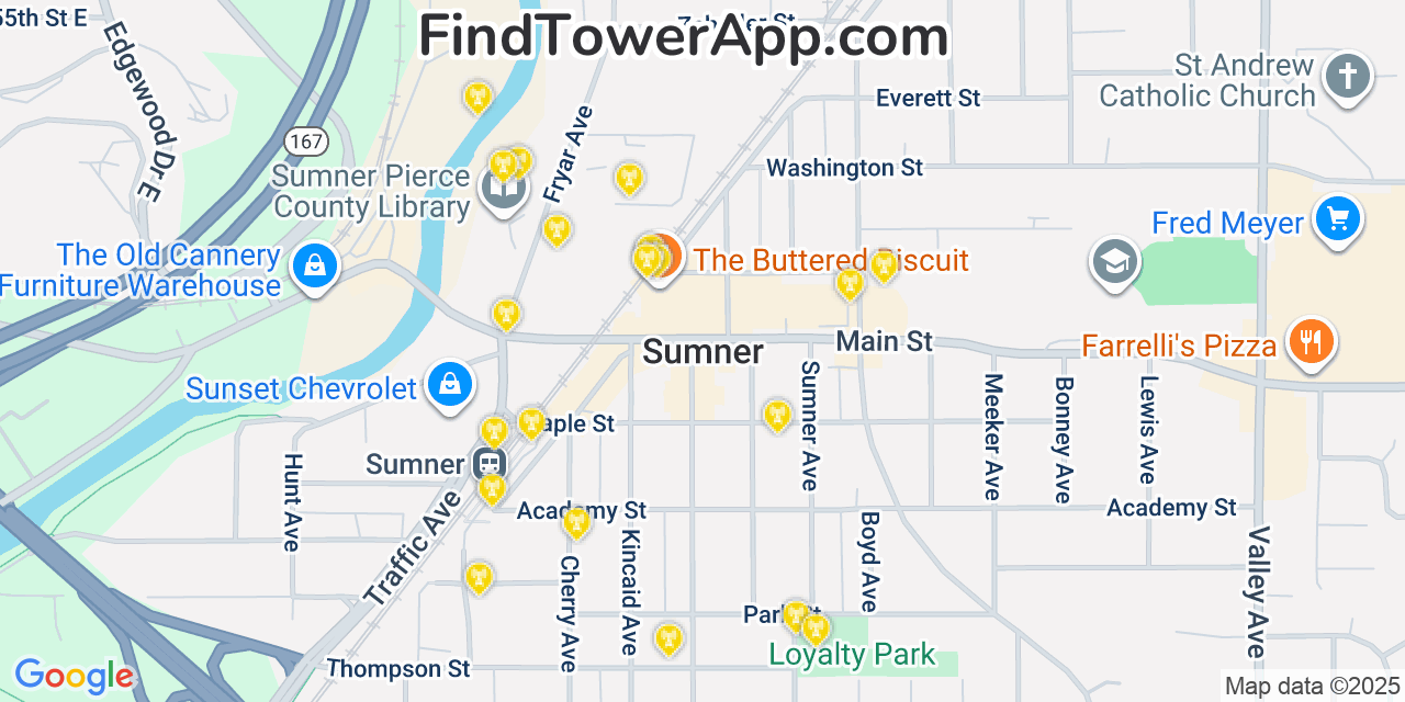 Map showing the 20 primary cell tower locations detected in Sumner, Washington from AT&T, Verizon, and T-Mobile networks