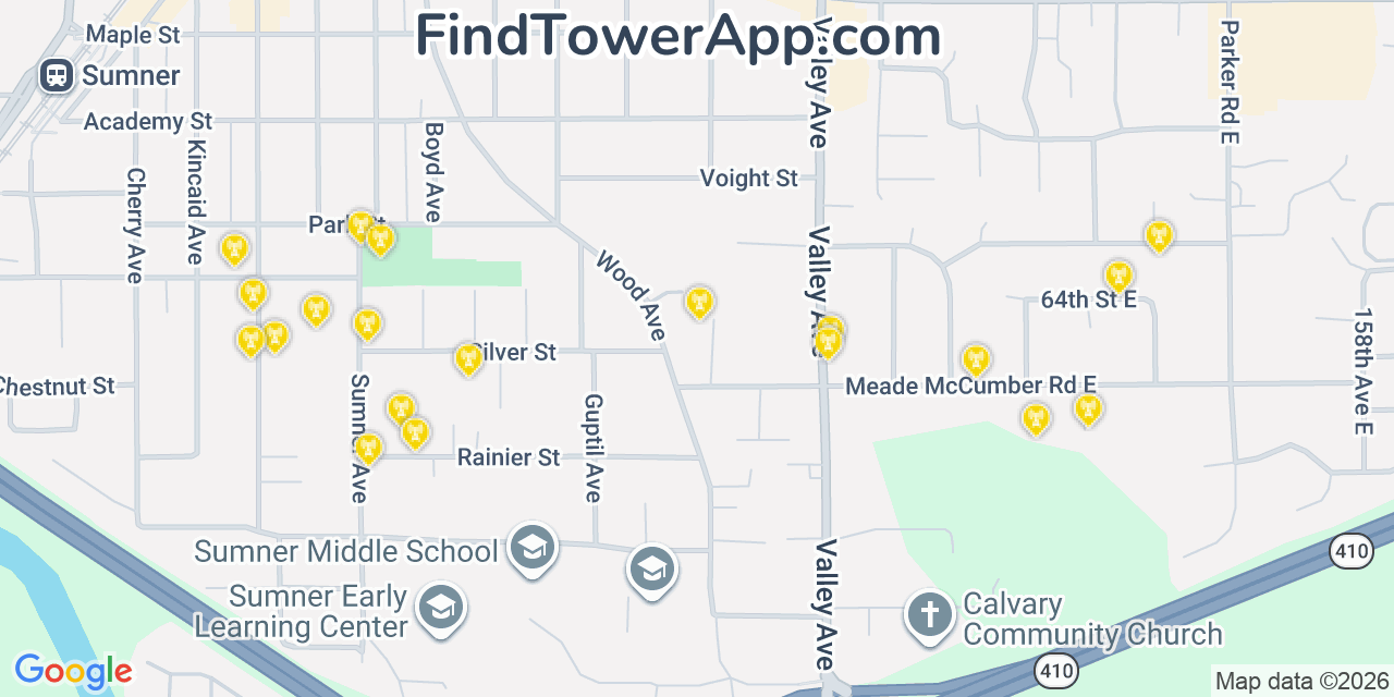 Map showing the 20 primary cell tower locations detected in Sumner, Washington from AT&T, Verizon, and T-Mobile networks