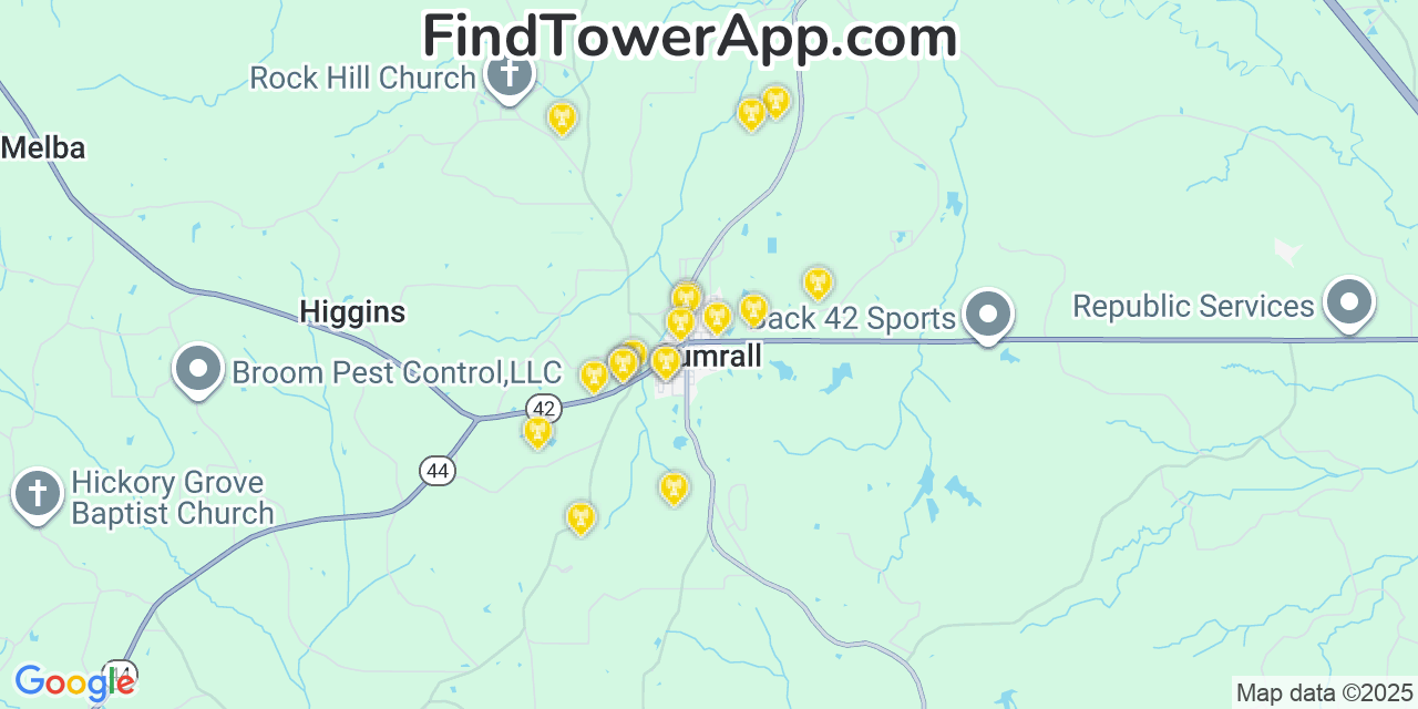 Map showing the 20 primary cell tower locations detected in Sumrall, Mississippi from AT&T, Verizon, and T-Mobile networks
