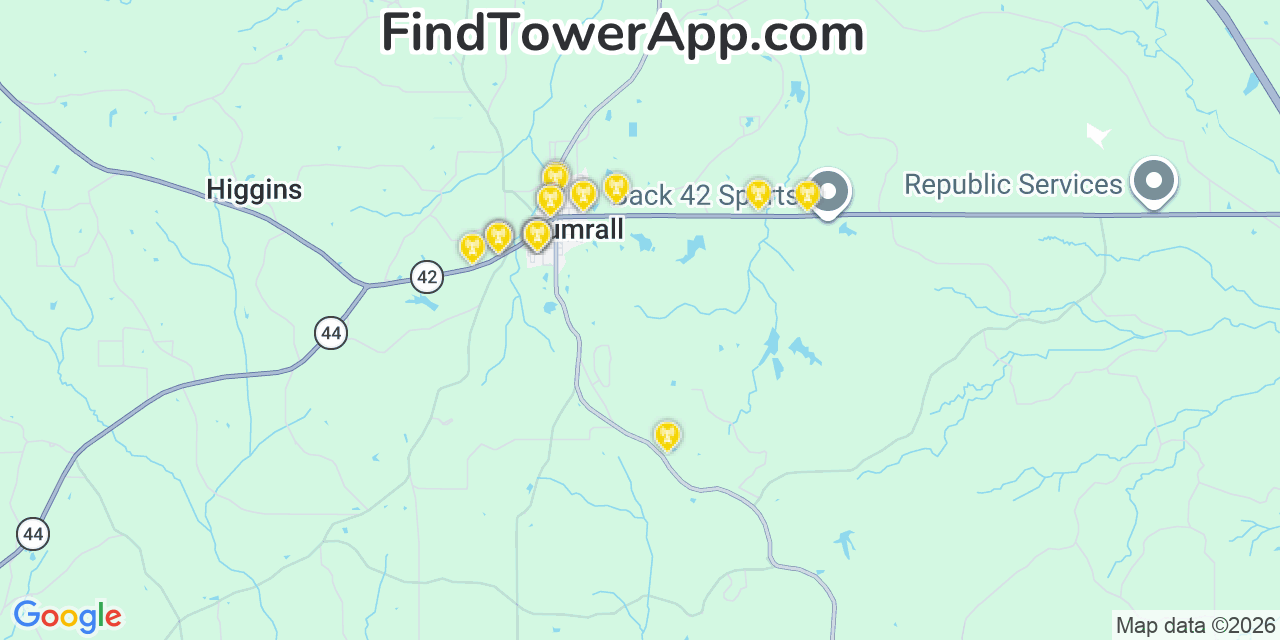 Map showing the 20 primary cell tower locations detected in Sumrall, Mississippi from AT&T, Verizon, and T-Mobile networks