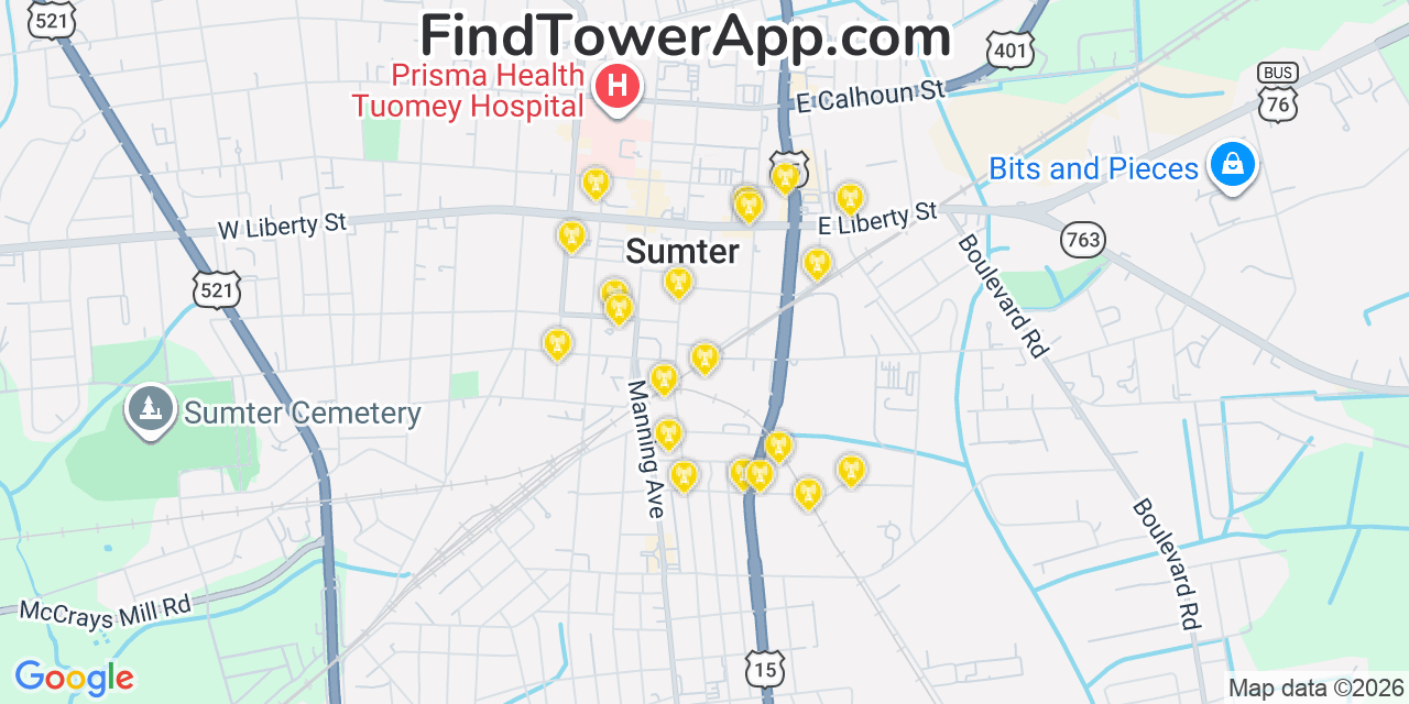Map showing the 20 primary cell tower locations detected in Sumter, South Carolina from AT&T, Verizon, and T-Mobile networks