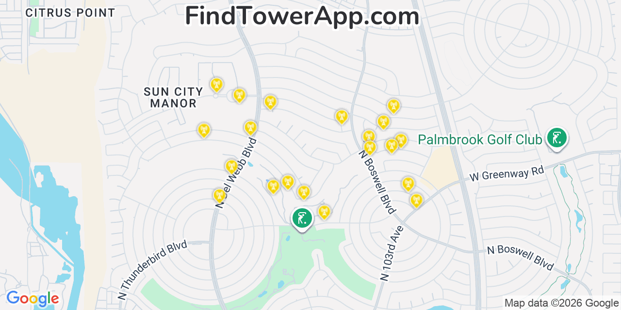 Map showing the 20 primary cell tower locations detected in Sun City, Arizona from AT&T, Verizon, and T-Mobile networks