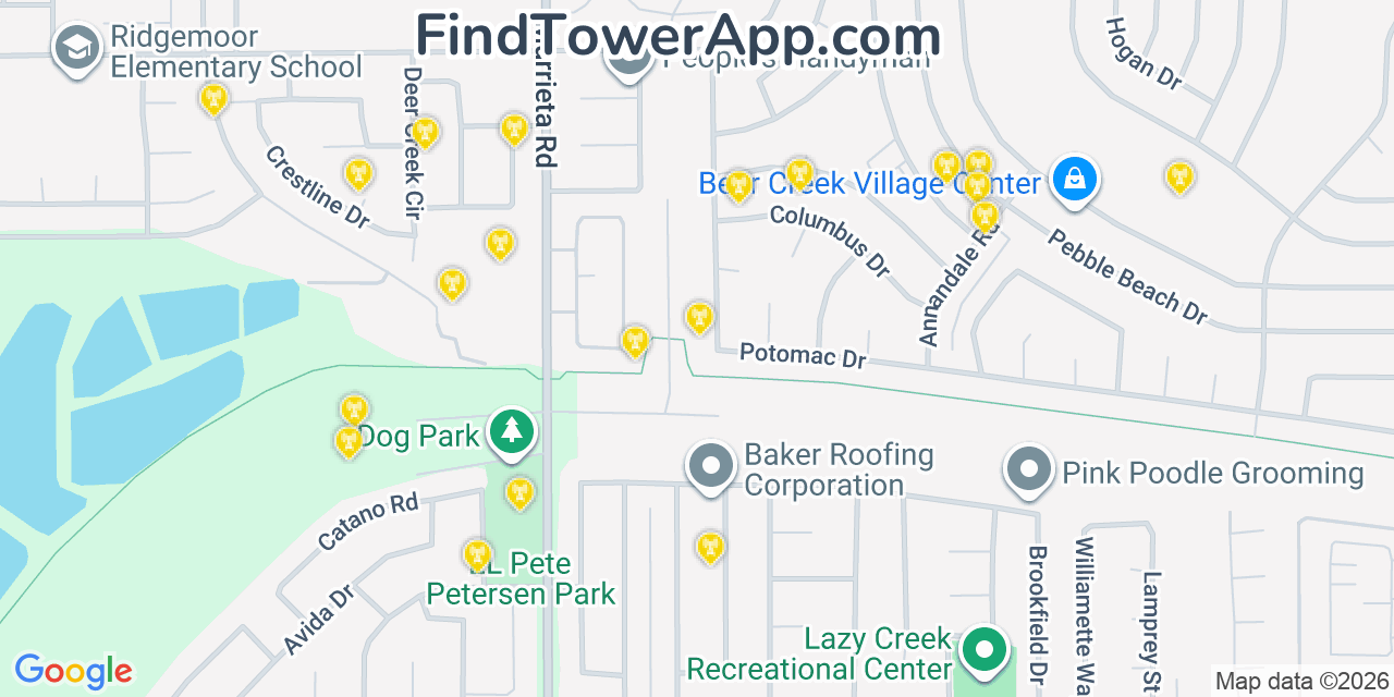 Map showing the 20 primary cell tower locations detected in Sun City, California from AT&T, Verizon, and T-Mobile networks