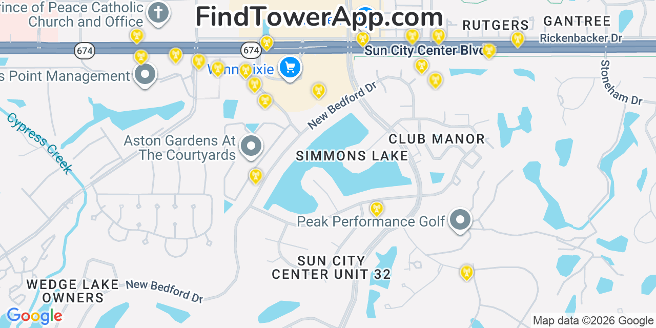 Map showing the 20 primary cell tower locations detected in Sun City Center, Florida from AT&T, Verizon, and T-Mobile networks