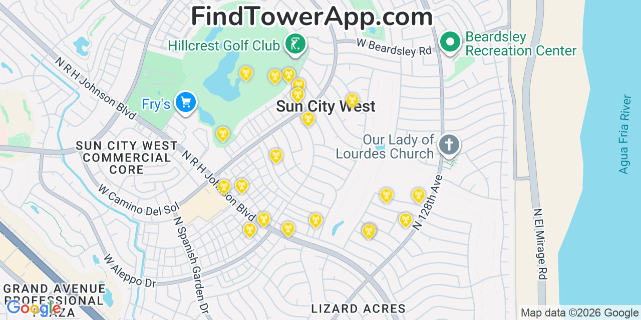 Map showing the 20 primary cell tower locations detected in Sun City West, Arizona from AT&T, Verizon, and T-Mobile networks