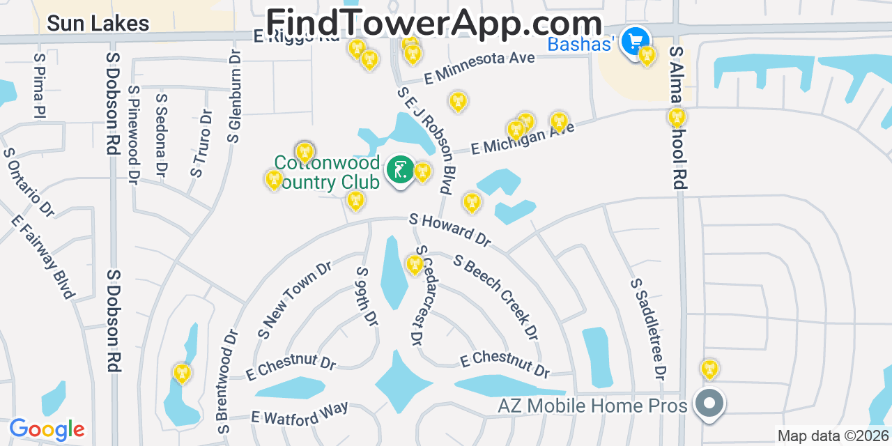 Map showing the 20 primary cell tower locations detected in Sun Lakes, Arizona from AT&T, Verizon, and T-Mobile networks