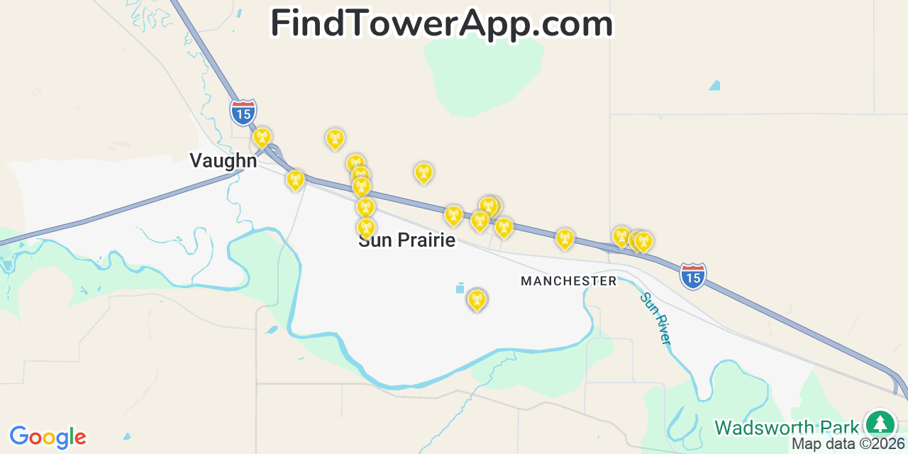 Map showing the 20 primary cell tower locations detected in Sun Prairie, Montana from AT&T, Verizon, and T-Mobile networks