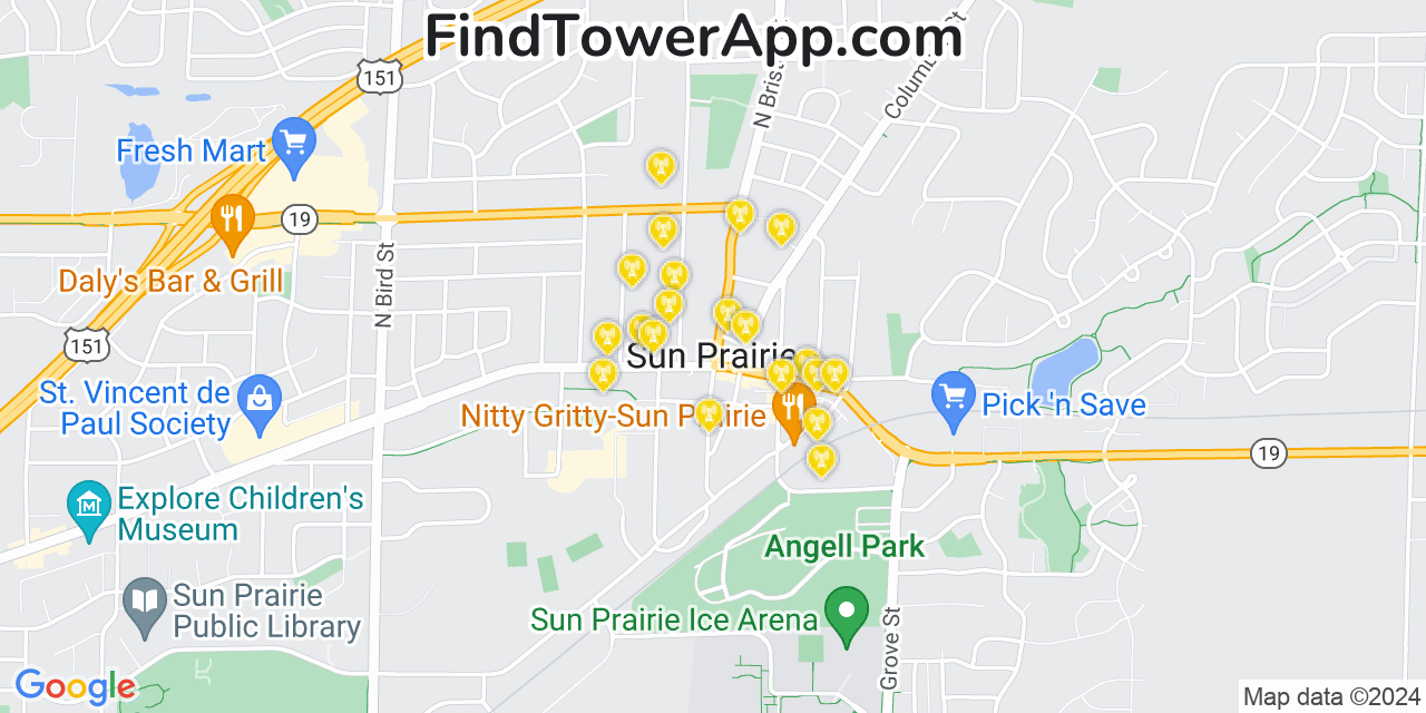 AT&T 4G/5G cell tower coverage map Sun Prairie, Wisconsin