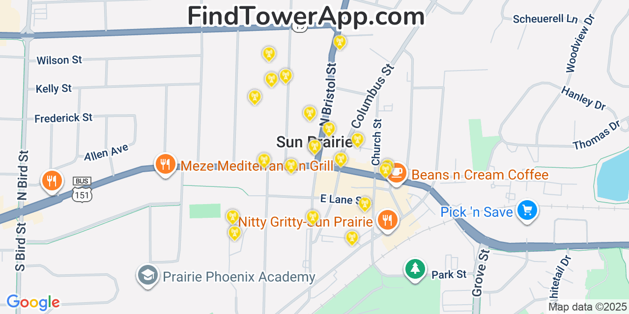 Map showing the 20 primary cell tower locations detected in Sun Prairie, Wisconsin from AT&T, Verizon, and T-Mobile networks