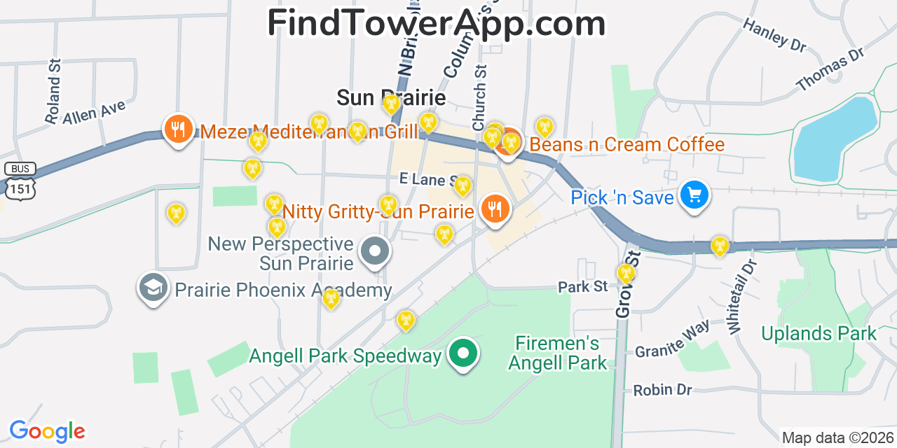 Map showing the 20 primary cell tower locations detected in Sun Prairie, Wisconsin from AT&T, Verizon, and T-Mobile networks