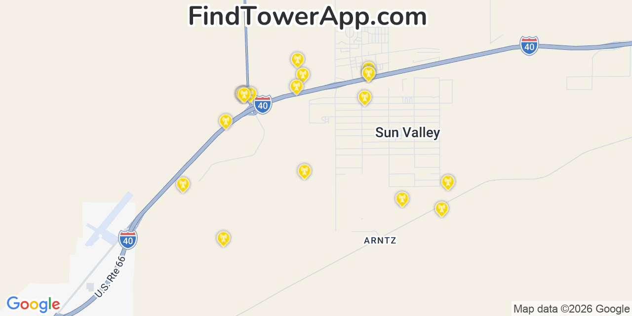 Map showing the 20 primary cell tower locations detected in Sun Valley, Arizona from AT&T, Verizon, and T-Mobile networks
